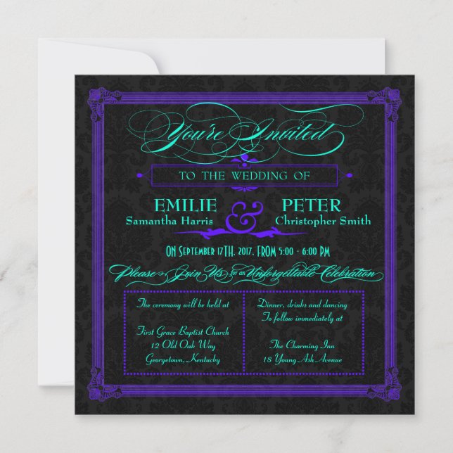 Electric Teal & Purple Green Poster Style Wedding Invitation (Front)