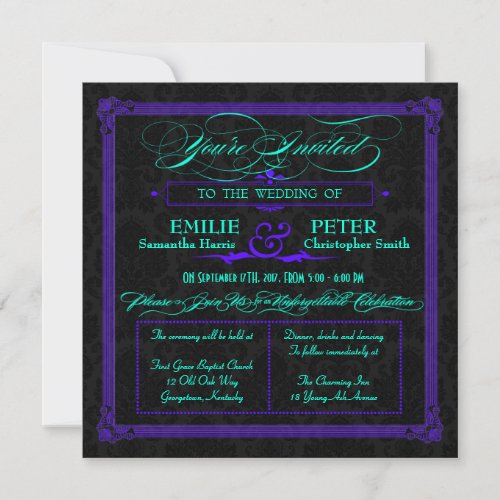 Electric Teal  Purple Green Poster Style Wedding Invitation