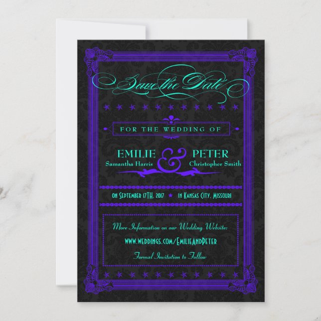 Electric Teal & Purple Poster Style Save the Date (Front)