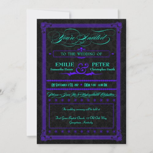 Electric Teal  Purple Poster Style Wedding Invitation