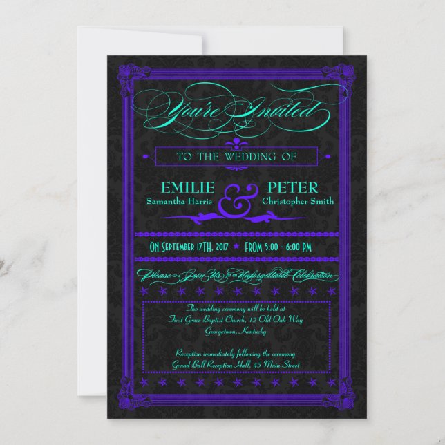 Electric Teal & Purple Poster Style Wedding Invitation (Front)
