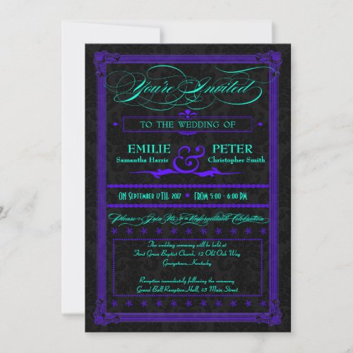 Electric Teal  Purple Poster Style Wedding Invitation