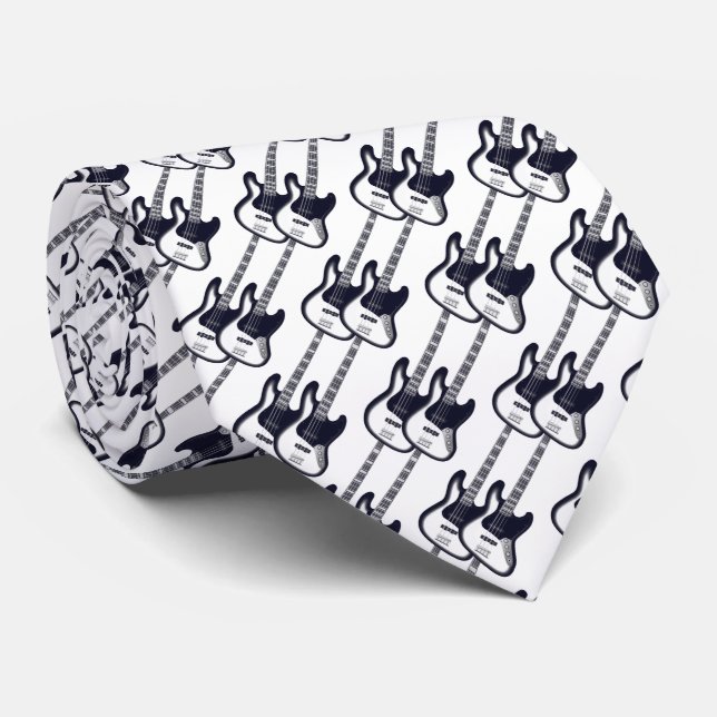 Electric Two Guitar Pattern in Navy Blue Neck Tie (Rolled)