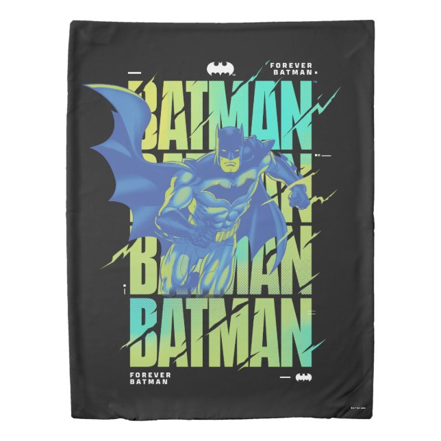 Electric Up Batman Running Through Typography Duvet Cover (Front)
