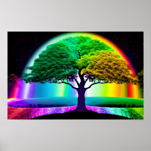 Electric Vibrancy Bonsai Under Magic Sky Rainbow Poster