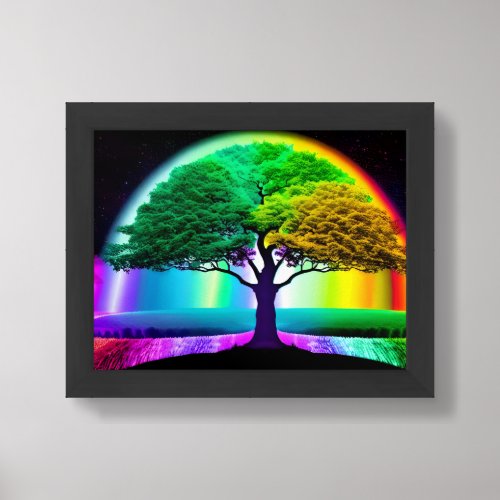 Electric Vibrant Tree of Life Under Magic Rainbow Framed Art