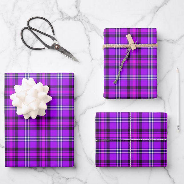 Electric Violet and Fuchsia Plaid Purple Wrapping Paper Sheets (Front)