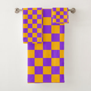 Electric Violet and Golden Amber Checkerboard Bath Towel Set
