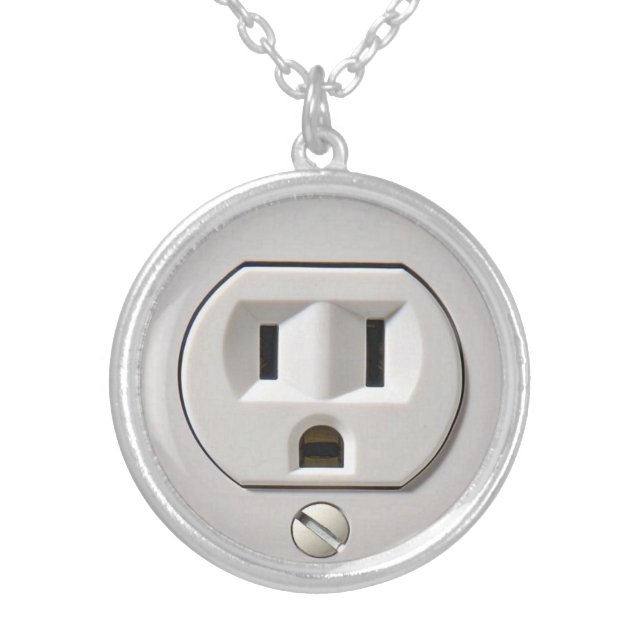 Electrical Outlet Plug-in Silver Plated Necklace (Front)
