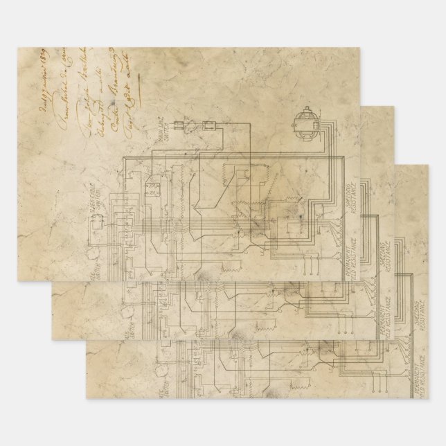 Electrical Schematic Drawing on Brown Wrapping Paper Sheets (Set)