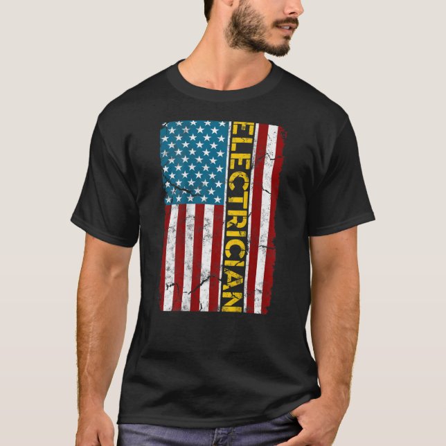 Electrician American Flag Cable Electrician Engine T-Shirt (Front)