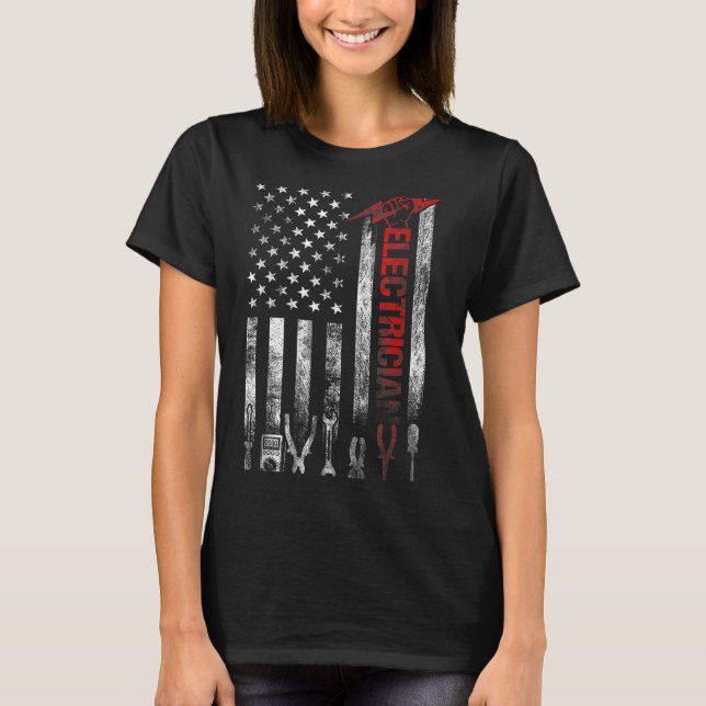 Electrician American Flag Funny Electricians Tools T-Shirt (Front)