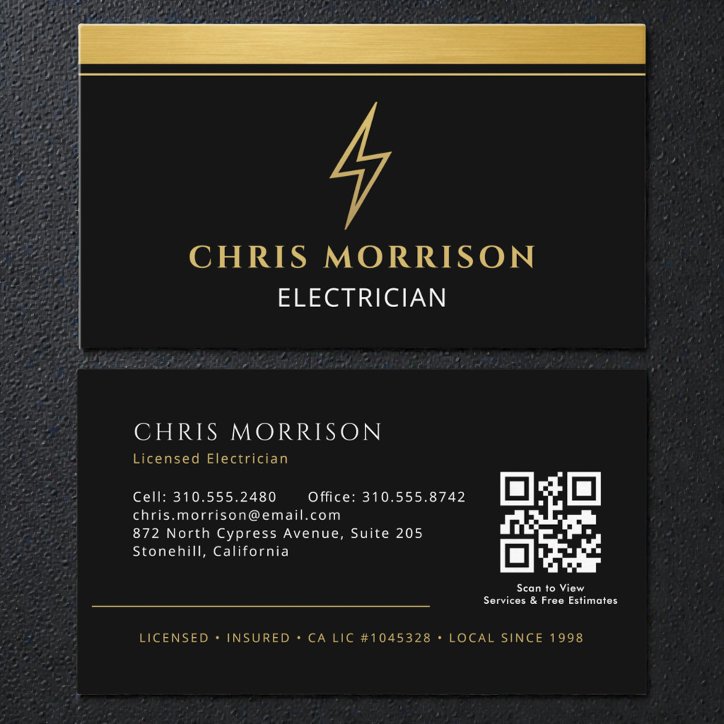 Electrician Black Gold Metallic QR Code Business Card