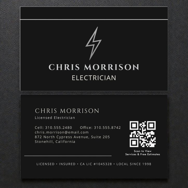 Electrician Black Silver Professional QR Code Business Card