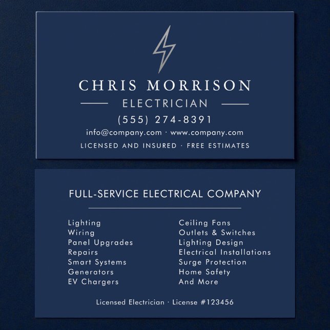 Electrician Navy Blue Silver Business Card (Creator Uploaded)