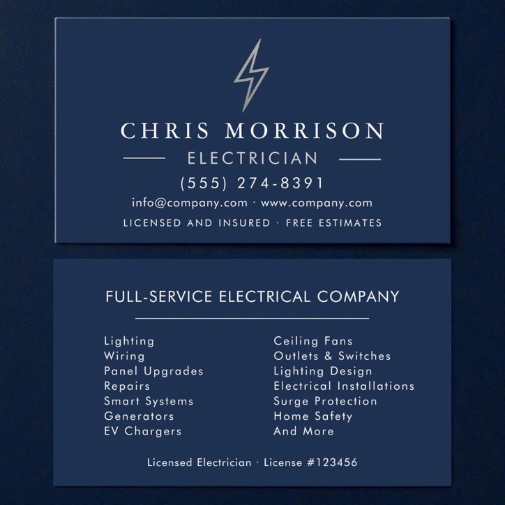 Electrician Navy Blue Silver Business Card