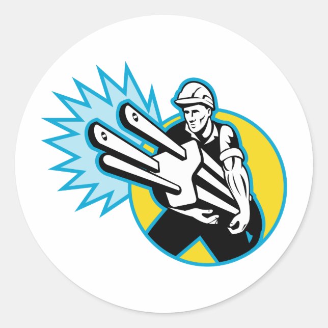 Electrician or power lineman carrying a plug classic round sticker (Front)