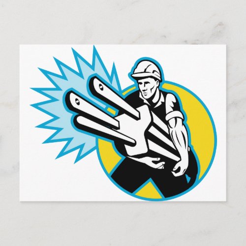Electrician or power lineman carrying a plug postcard
