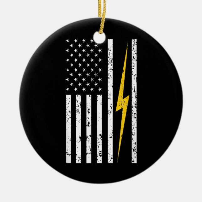 Electrician Patriotic American USA Flag Lineman  Ceramic Ornament (Front)