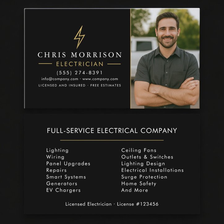 Electrician Photo Black Gold Professional Business Card
