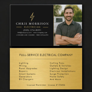 Electrician Photo Metal Black Gold Business Card
