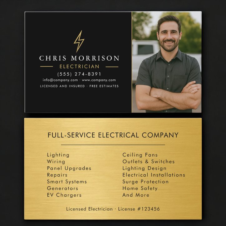 Electrician Photo Metal Black Gold Business Card