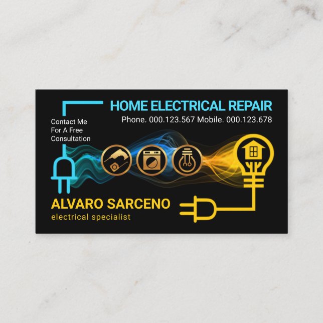 Electrician Powers Up Electrical Circuit Home Bulb Business Card (Front)