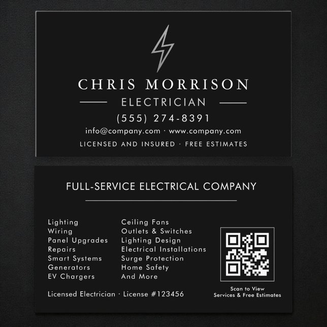 Electrician QR Code Black Silver Business Card (Creator Uploaded)