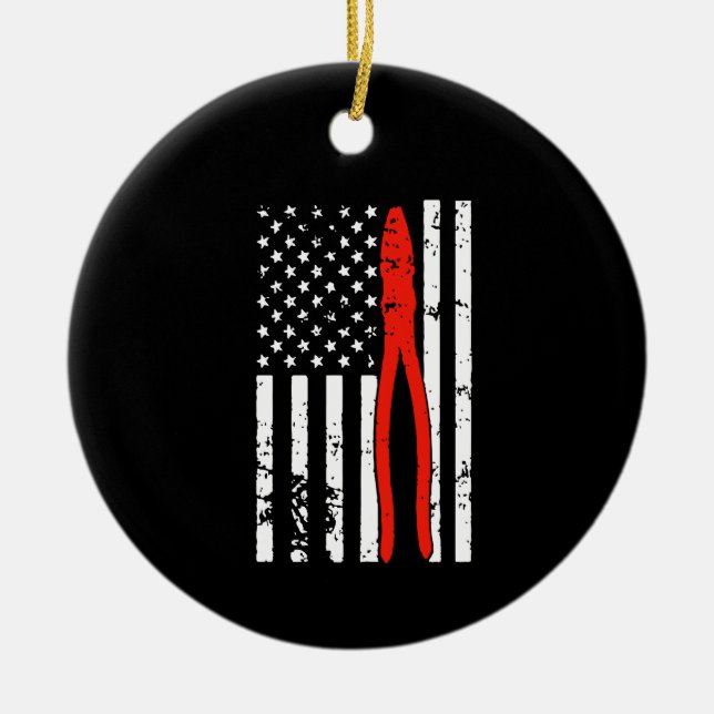 Electrician with America Flag Ceramic Ornament (Front)