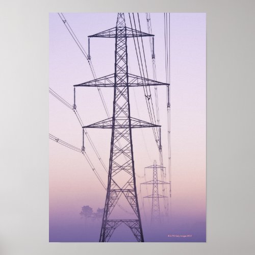 Electricity pylons in mist at dawn poster