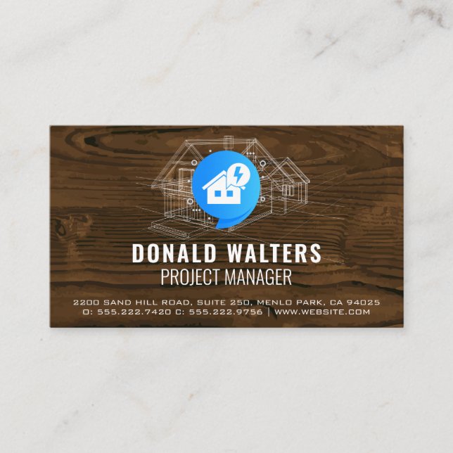 Electricity | Wood Background | Blueprints Business Card (Front)