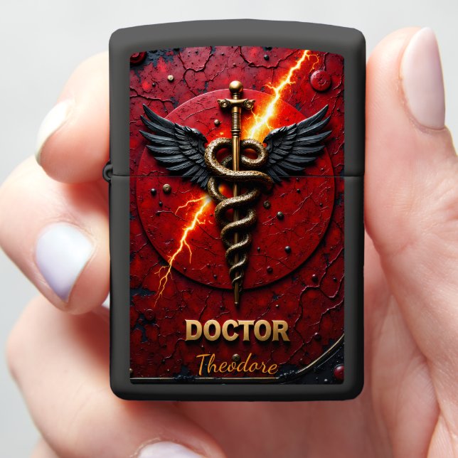 Electrified Caduceus Doctor Physician Gift Red Zippo Lighter (In Hand)