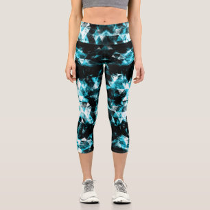 Electrifying blue sparkly triangle flames capri leggings