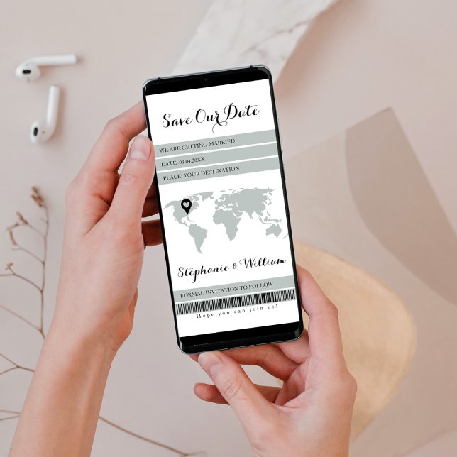 Electronic Boarding Pass Destination Sage Green Save The Date (save the date boarding pass electronic boarding pass destination pin world map passport digital)