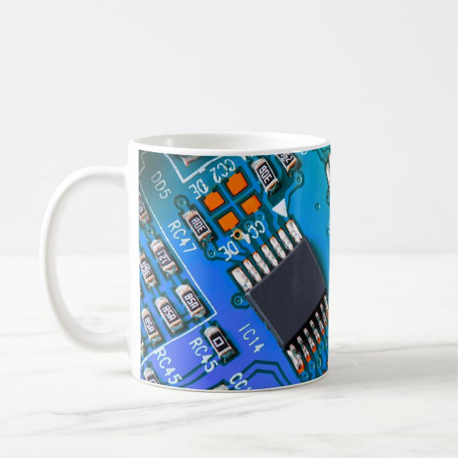 Electronic circuit board close up. background,boar coffee mug (Left)
