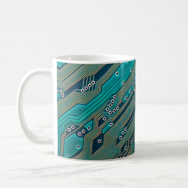 Electronic circuit board close up. background,boar coffee mug (Left)