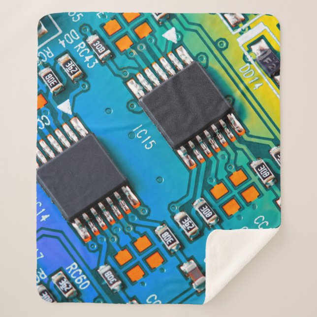 Electronic circuit board close up. background,boar sherpa blanket (Front)