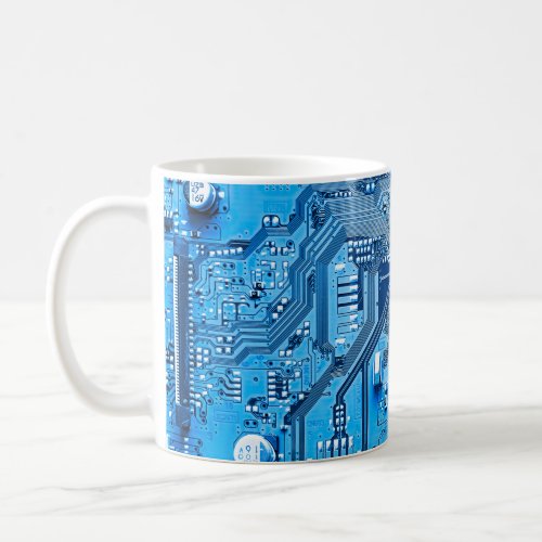 Electronic circuit board close up circuitboards coffee mug