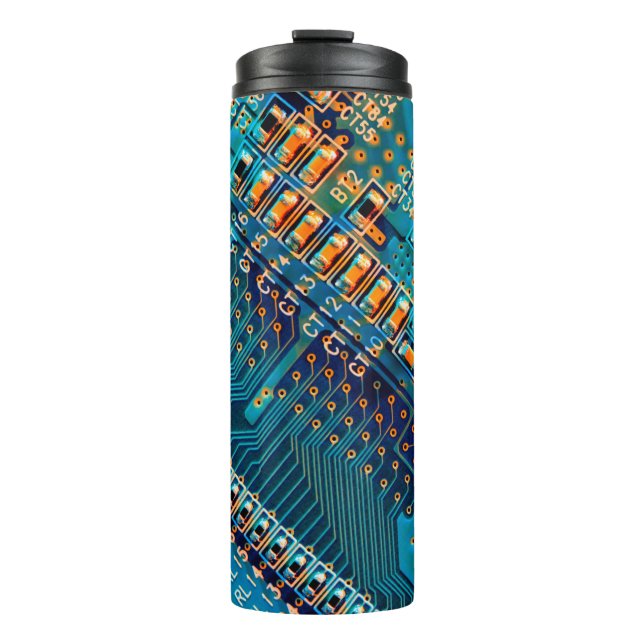 Electronic circuit board close up. computer,semico thermal tumbler (Front)