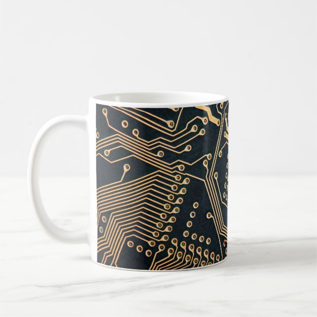 Electronic components, computer card close-up, dig coffee mug (Left)