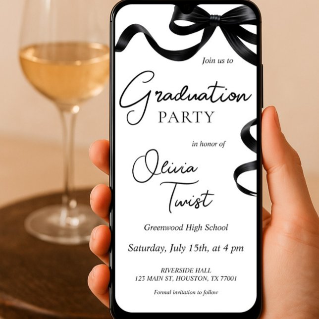 Electronic Graduation Invitation Black Bow         (Electronic Graduation Invitation Black Bow Editable Template, Ribbon Grad Digital Invite, College)