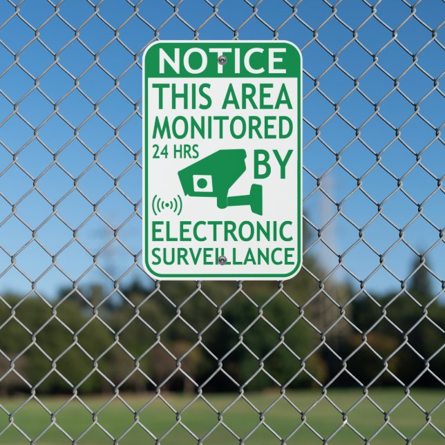 Electronic Surveillance Security Green White Metal Sign (In Situ(Fence))