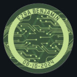 Electronics Computer Circuit Board Bar Mitzvah Classic Round Sticker<br><div class="desc">Green computer circuit board Bar Mitzvah envelope seal or favor sticker. This non-traditional computer motherboard or electronics inspired design features a subtle Jewish Star of David along with circuitry as you'd see on an electronic circuit board. These elements are paired with digital computer fonts. The colors are various shades of...</div>