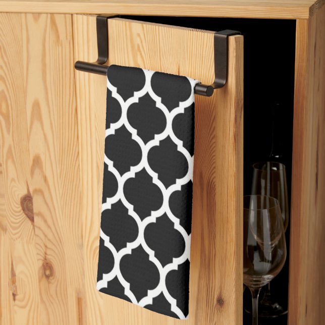 Elegan Black White Moroccan Quatrefoil Pattern Bat Kitchen Towel (Thirds Fold)