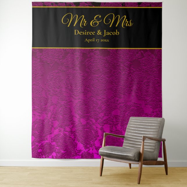 Elegan Fuchsia Pink Gold Black Mr & Mrs Backdrop (In Situ)