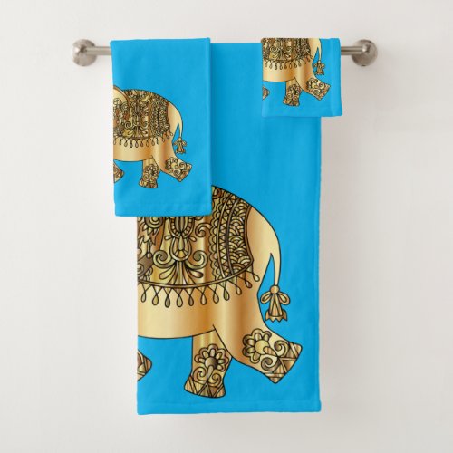 Elegan Gold Paisley Elephant Blue Bath Towel Set