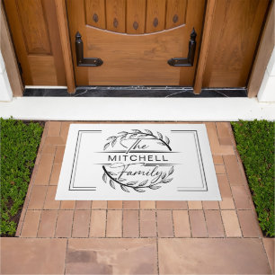 Elegan Monogrammed Black White Custom Family Name Doormat