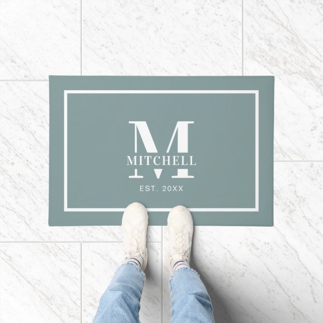 Elegan Monogrammed Sage Green Custom Family Name Doormat (Indoor)