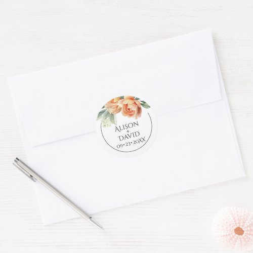 Elegan peach peony flowers floral wedding classic round sticker