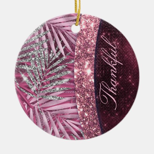 Elegan pink fuchsia silver glitter leaves monogram ceramic ornament